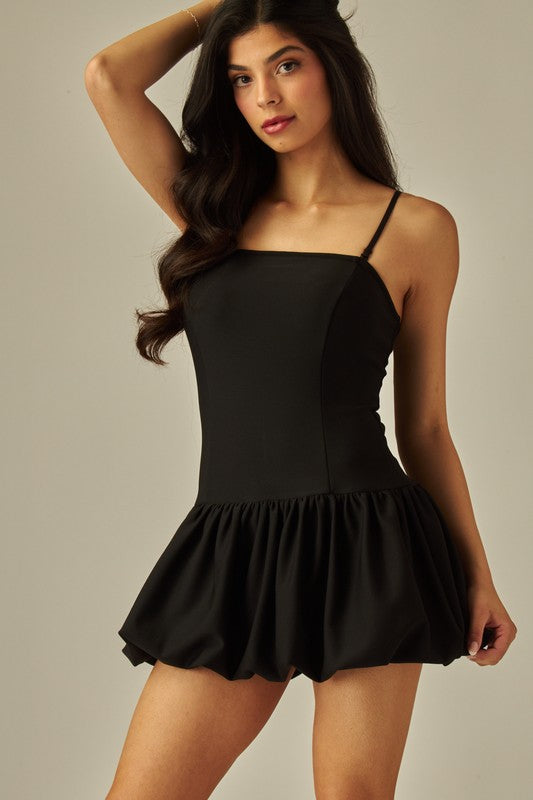 Sleeveless Balloon Skirt Mini Dress W Thin Straps