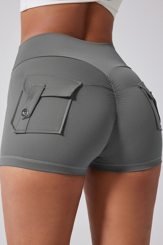 High Waist Shorts With Back Cargo Flap Pockets