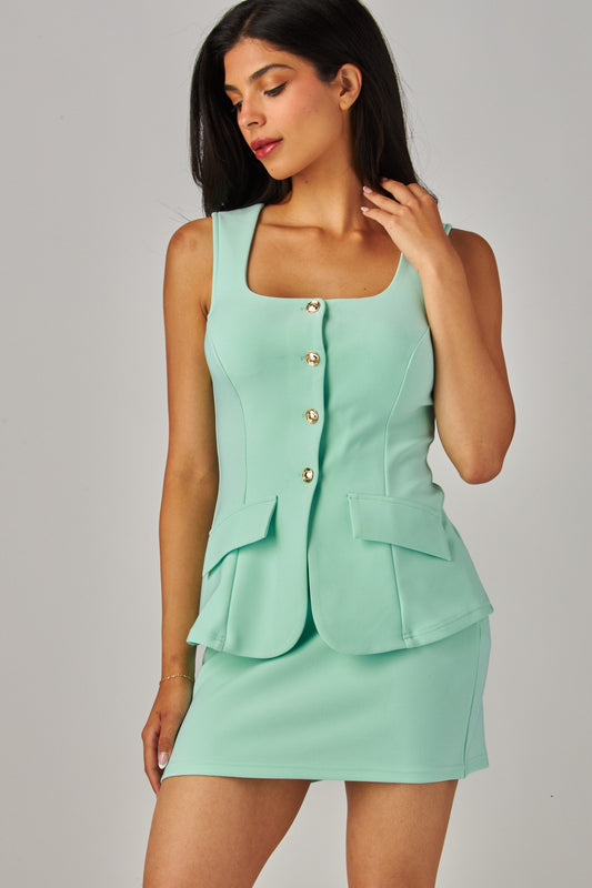 Scuba Button Up Top And Mini Skirt Set