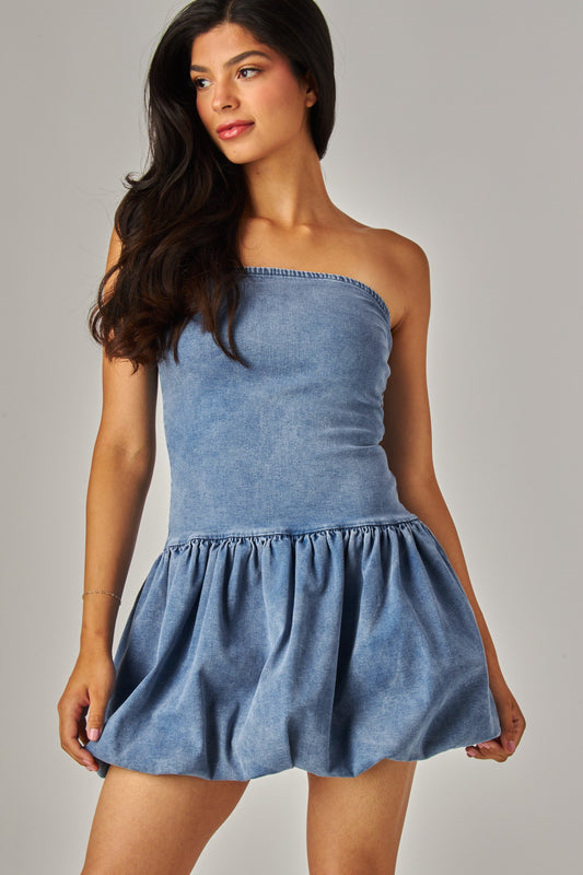 Sleeveless Balloon Skirt Mini Dress W Thin Straps